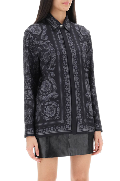 Shop Versace Barocco Shirt In Crepe De Chine In Black (grey)