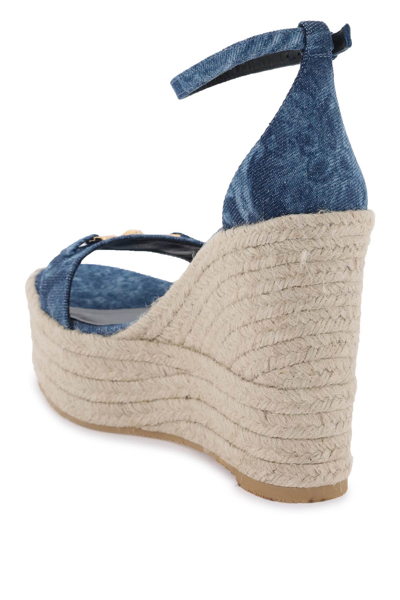 Shop Versace Denim Barocco Wedge Sandals In Blue  Gold (blue)