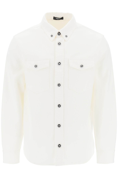 Shop Versace Medusa Denim Overshirt In White (white)