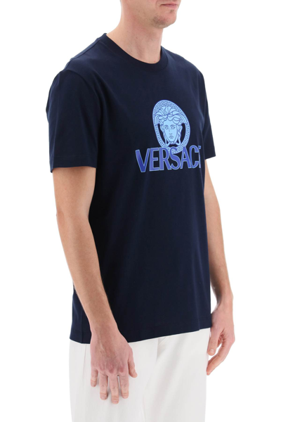 Shop Versace T-shirt With Medusa Print In Navy Blue (blue)