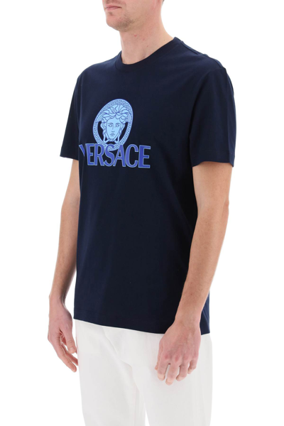 Shop Versace T-shirt With Medusa Print In Navy Blue (blue)