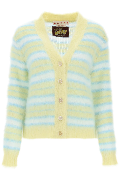 Shop Marni Cardigan In Striped Brushed Mohair In Celery (white)
