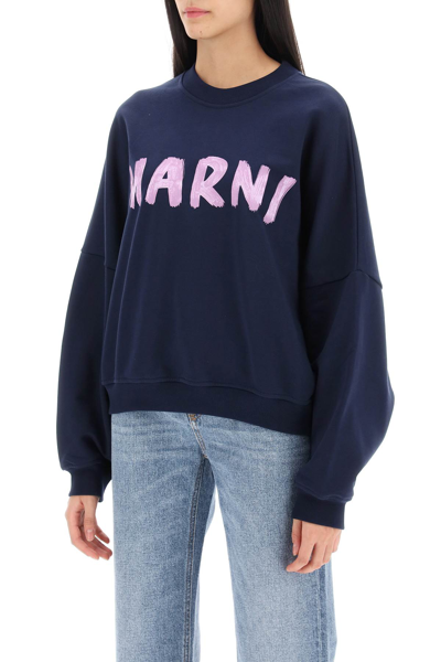 Shop Marni Logo Print Boxy Sweatshirt In Blue Kyanite (blue)