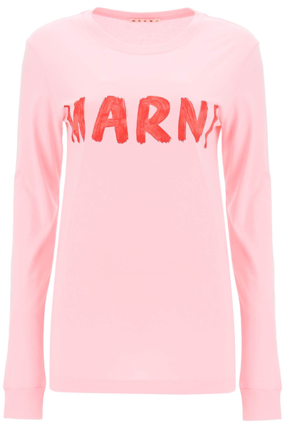 Shop Marni Brushed Logo Long-sleeved T-shirt In Cinder Rose (pink)