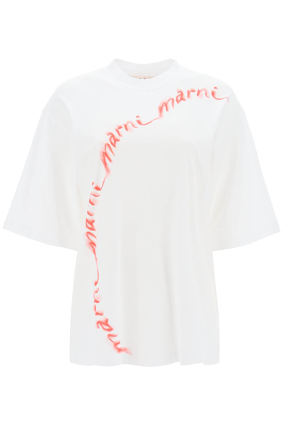 Shop Marni Wavy Logo Oversized T-shirt In Lily White (white)