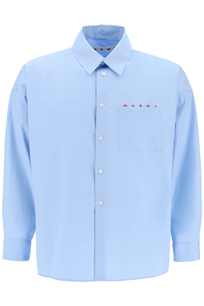Shop Marni Boxy Shirt With Italian Collar In Iris Blue (light Blue)