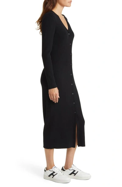 Shop Caslon Long Sleeve Button-up Rib Sweater Dress In Black