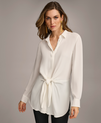 Shop Donna Karan Women's Long-sleeve Tie-waist Top In Cream