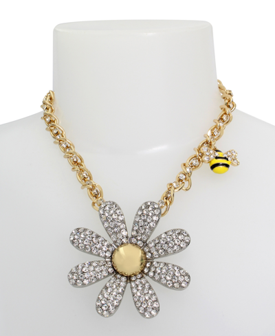 Shop Betsey Johnson Faux Stone Daisy Pendant Necklace In Crystal,two-tone