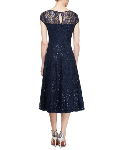 Sl Fashions Petite Sequined Lace Cap-sleeve Dress In Navy
