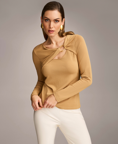 Shop Donna Karan Women's Cutout Sweater With Hardware Detail In Fawn