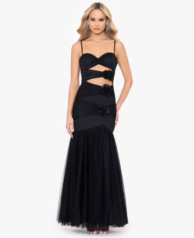 Shop Blondie Nites Juniors' Mesh Rosette Cutout Gown In Black
