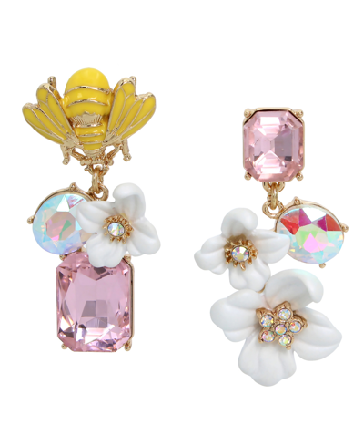 Shop Betsey Johnson Faux Stone Bug Flower Mismatch Drop Earrings In Pastel Multi,gold