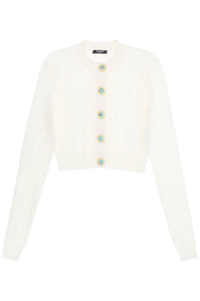 Shop Balmain Cropped Cardigan With Jewel Buttons In Blanc (white)
