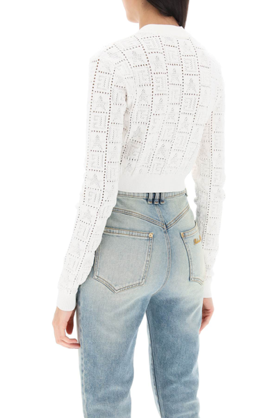 Shop Balmain Cropped Cardigan With Jewel Buttons In Blanc (white)