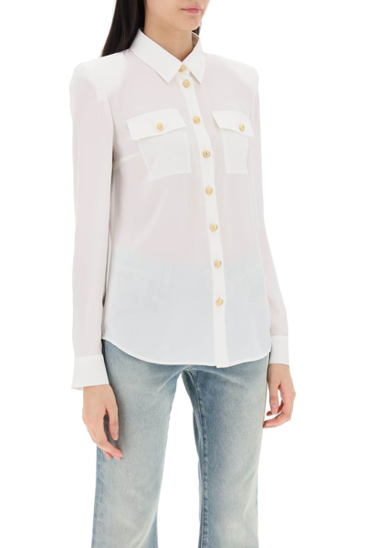 Shop Balmain Silk Shirt With Padded Shoulders In Blanc (white)
