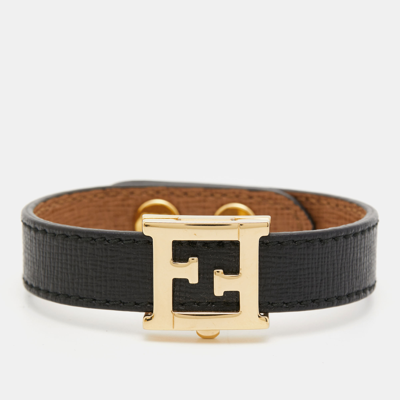 Pre-owned Fendi Ff Logo Leather Gold Tone Bracelet