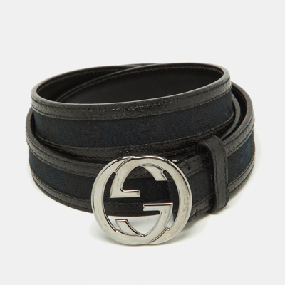 Pre-owned Gucci Black Gg Canvas And Leather Interlocking G Buckle Belt 105cm