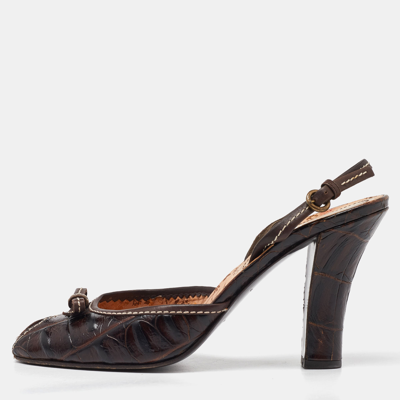 Pre-owned Miu Miu Dark Brown Croc Embossed Leather Bow Slingback Sandals 39