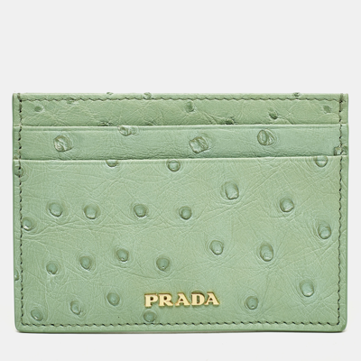 Pre-owned Prada Aqua Green Ostrich Card Holder