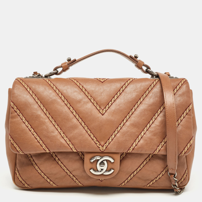 Pre-owned Chanel Brown Chevron Stitched Leather Classic Top Handle Bag