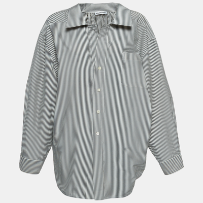 Pre-owned Balenciaga White/grey Striped Cotton Blend Oversized Shirt M
