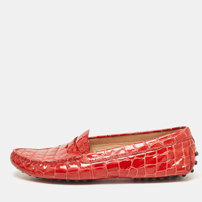 Pre-owned Tod's Red Croc Embossed Patent Leather Penny Loafers Size 39.5