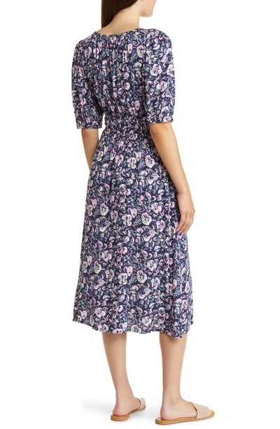 Shop Caslon Puff Sleeve Shirred Waist Dress In Navy Peacoat Leandra Floral