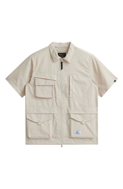 Shop Alpha Industries Short Sleeve Zip-up Utility Shirt Jacket In Limestone