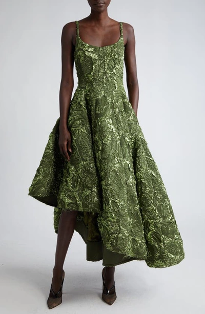 Shop Jason Wu Collection Marine Asymmetric Metallic Crinkle Jacquard Dress In Deep Olive Multi