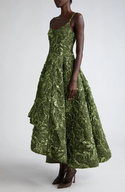 Shop Jason Wu Collection Marine Asymmetric Metallic Crinkle Jacquard Dress In Deep Olive Multi