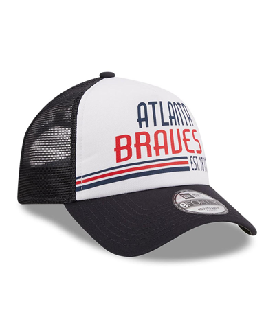 Shop New Era Men's  White, Navy Atlanta Braves Stacked A-frame Trucker 9forty Adjustable Hat In White,navy