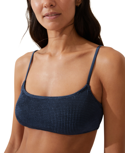 Shop Cotton On Women's Textured Straight-neck Cropped Bikini Top In Tidal Navy,black Crinkle