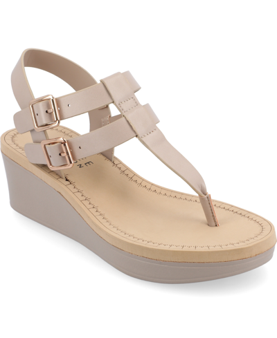 Shop Journee Collection Women's Bianca Double Buckle Platform Wedge Sandals In Taupe Faux Leather- Polyurethane