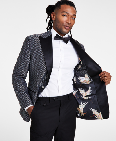 Shop Tayion Collection Men's Classic Fit Contrast-trim Dinner Jacket In Silver,black Check