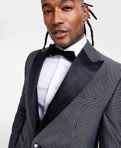Shop Tayion Collection Men's Classic Fit Contrast-trim Dinner Jacket In Silver,black Check