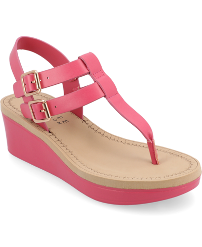 Shop Journee Collection Women's Bianca Double Buckle Platform Wedge Sandals In Pink Faux Leather- Polyurethane