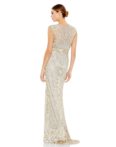 Shop Mac Duggal High Neck Sleeveless Beaded Fringe Fitted Gown In Platinum Gold
