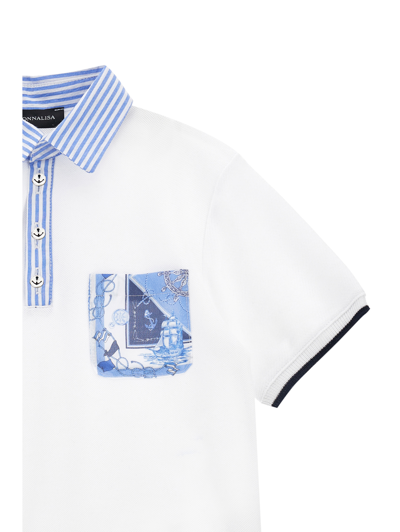 Monnalisa Piqué Polo Shirt With Striped Details In White