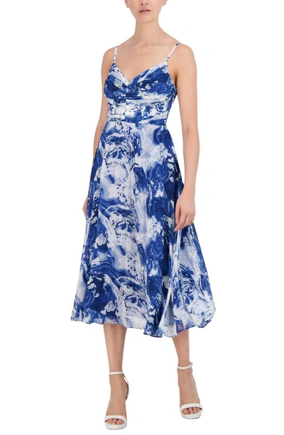 Shop Bcbg New York Ruched Fit & Flare Midi Dress In Marble Blue Swirl