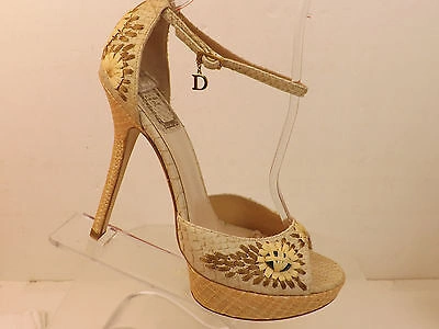 Pre-owned Dior Christian  Beige Snakeskin Charm Straw Heel Pumps Sandals 39