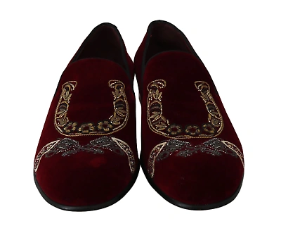 Pre-owned Dolce & Gabbana Bordeaux Velvet Sequined Men's Loafers In Red