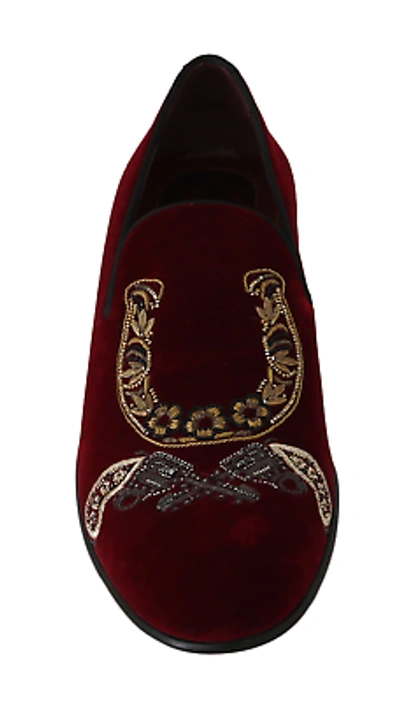 Pre-owned Dolce & Gabbana Bordeaux Velvet Sequined Men's Loafers In Red