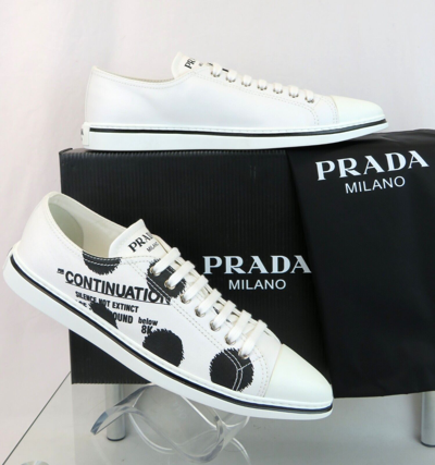 Pre-owned Prada 1e617m White Black Polka Canvas Logo Pointy Cap Low Top Sneakers 38 Italy