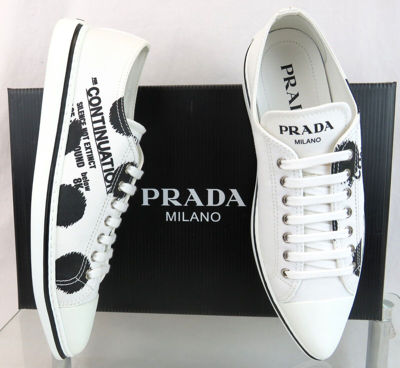 Pre-owned Prada 1e617m White Black Polka Canvas Logo Pointy Cap Low Top Sneakers 38 Italy