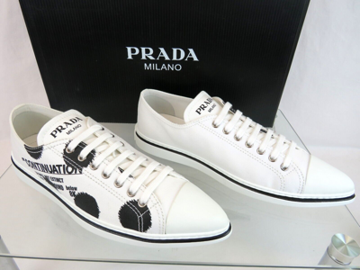 Pre-owned Prada 1e617m White Black Polka Canvas Logo Pointy Cap Low Top Sneakers 38 Italy