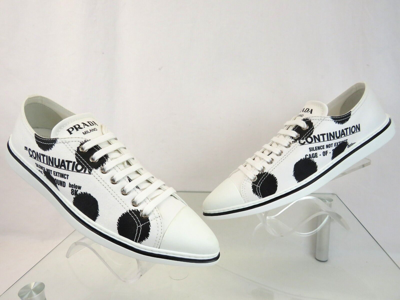 Pre-owned Prada 1e617m White Black Polka Canvas Logo Pointy Cap Low Top Sneakers 38 Italy