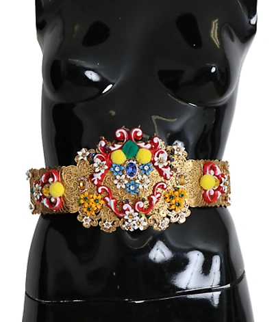 Pre-owned Dolce & Gabbana Gold-tone Floral Crystal Waist Belt In Multicolor