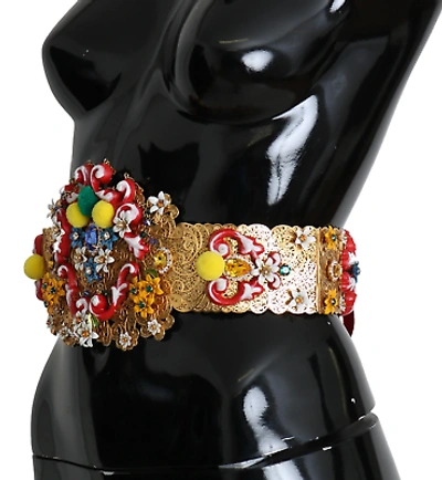 Pre-owned Dolce & Gabbana Gold-tone Floral Crystal Waist Belt In Multicolor