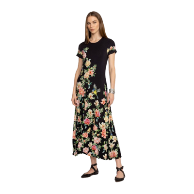 Pre-owned Johnny Was Janie Favorite Birdie Cap Sleeve Dress Black Maxi Crew Neck Floral Nw